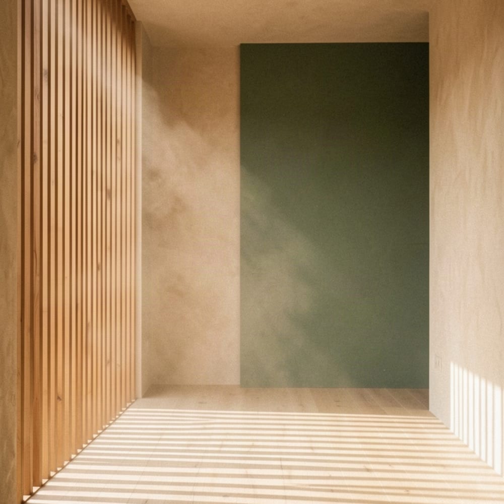 An empty studio with warm light falling through a slatted timber screen