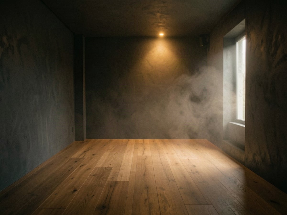 A dim hot yoga room with charcoal walls and a single amber light