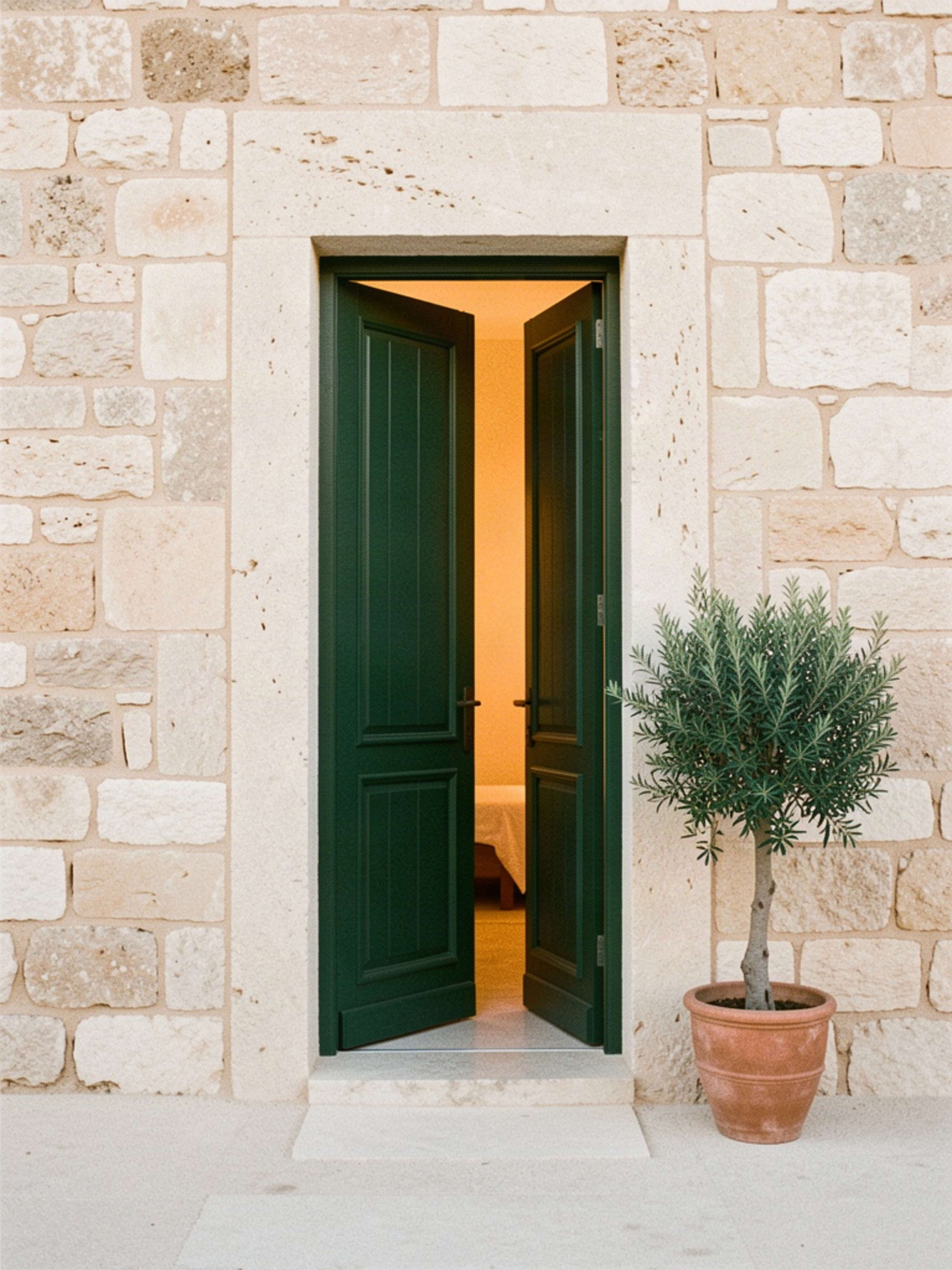 A deep green timber door ajar in a limestone wall, warm light spilling out