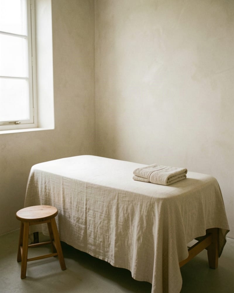 A treatment room with a linen-covered table and soft daylight