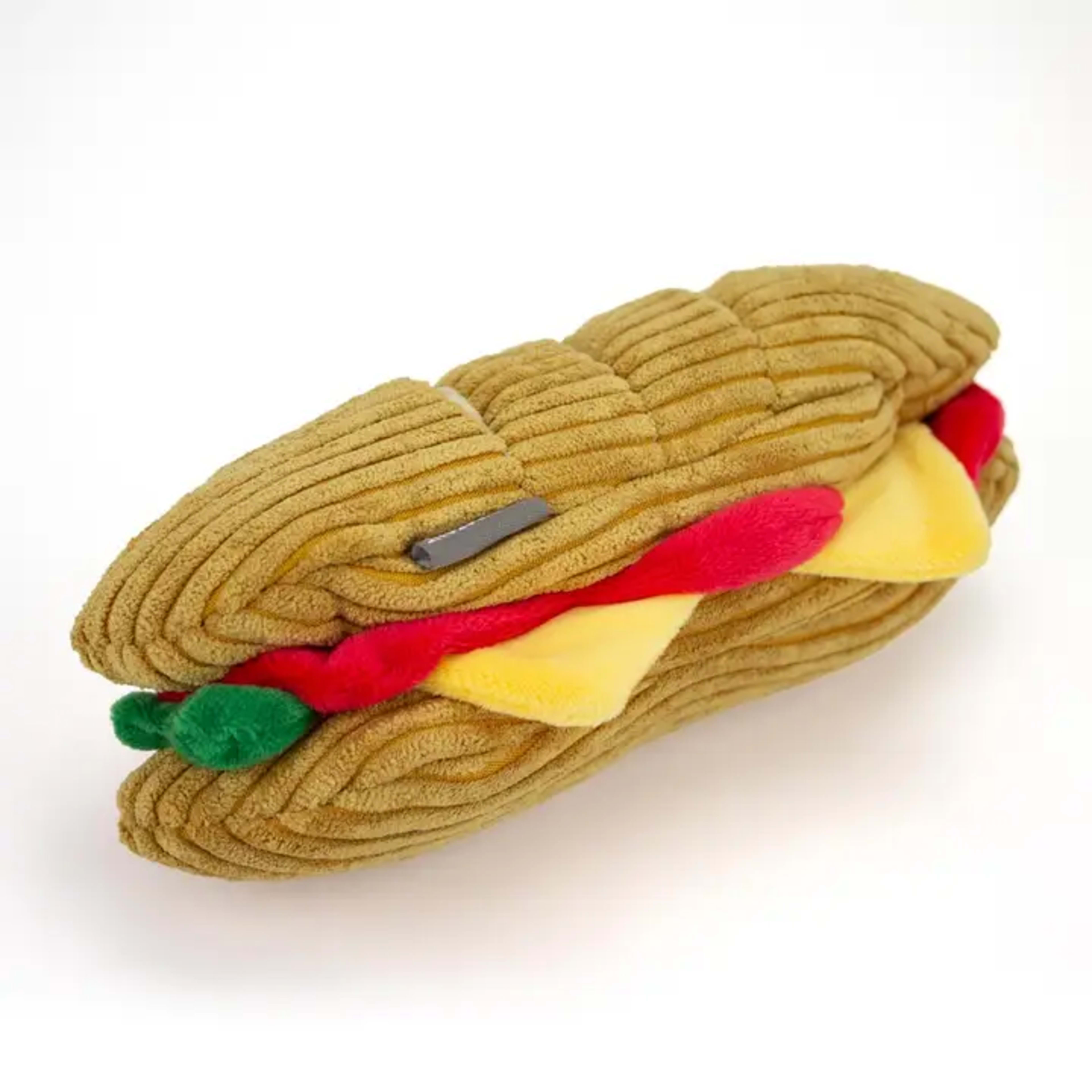 Sandwich-shaped plush dog toy with treat pockets