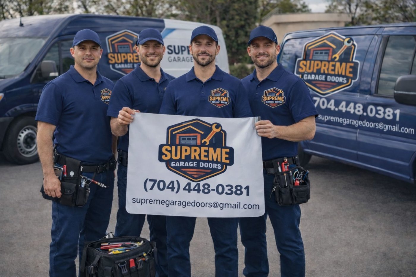 Bob's Garage Doors professional team standing in front of service vans