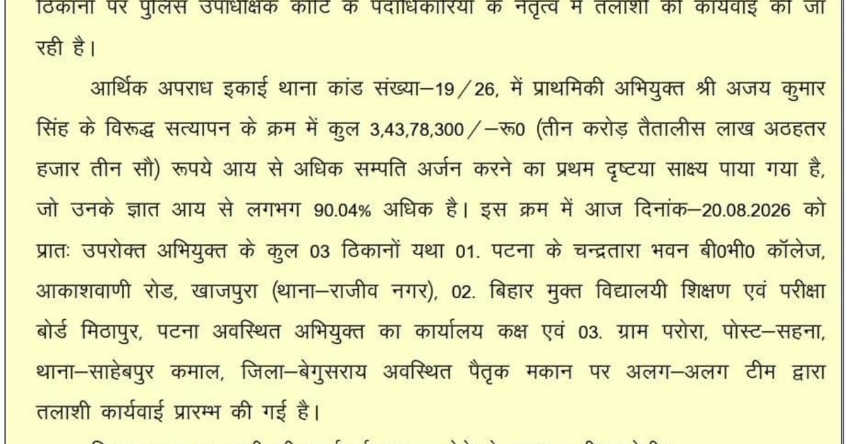 आय से अधिक संपत्ति मामले में EOU की बड़ी कार्रवाई, अजय कुमार सिंह के ठिकानों पर छापेमारी