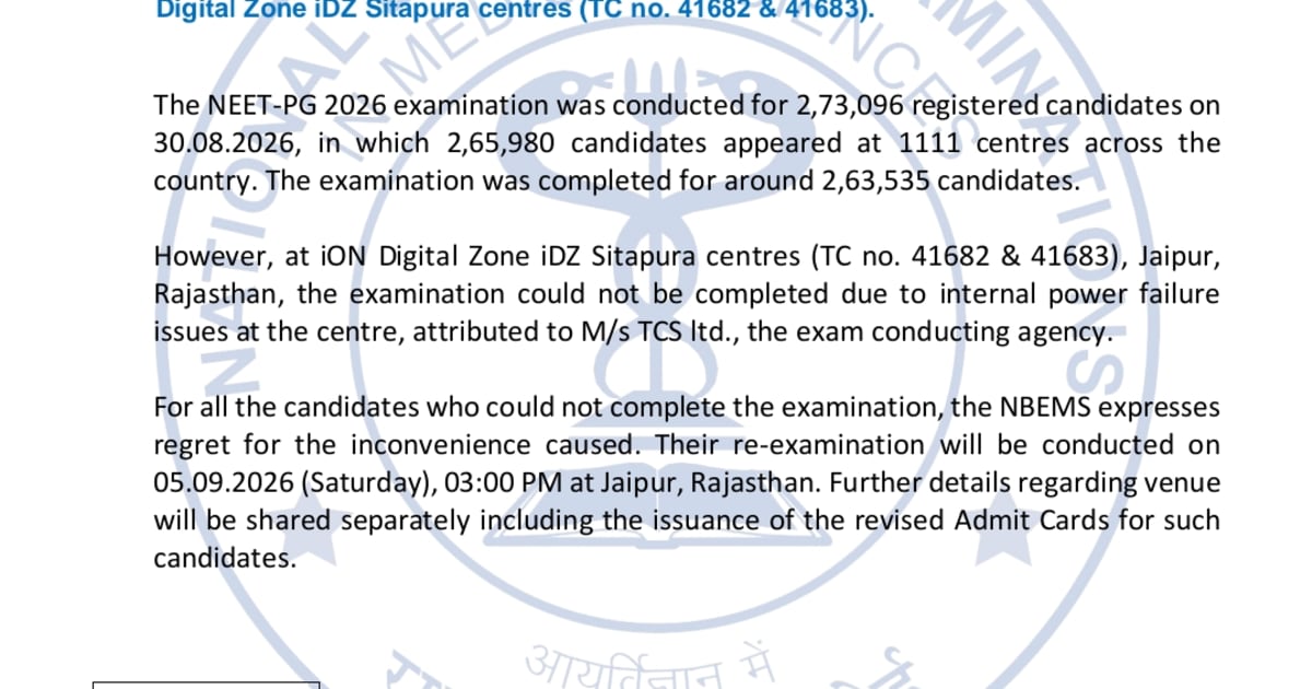 देशभर में NEET-PG 2026 का आयोजन, 2.65 लाख अभ्यर्थी हुए शामिल
