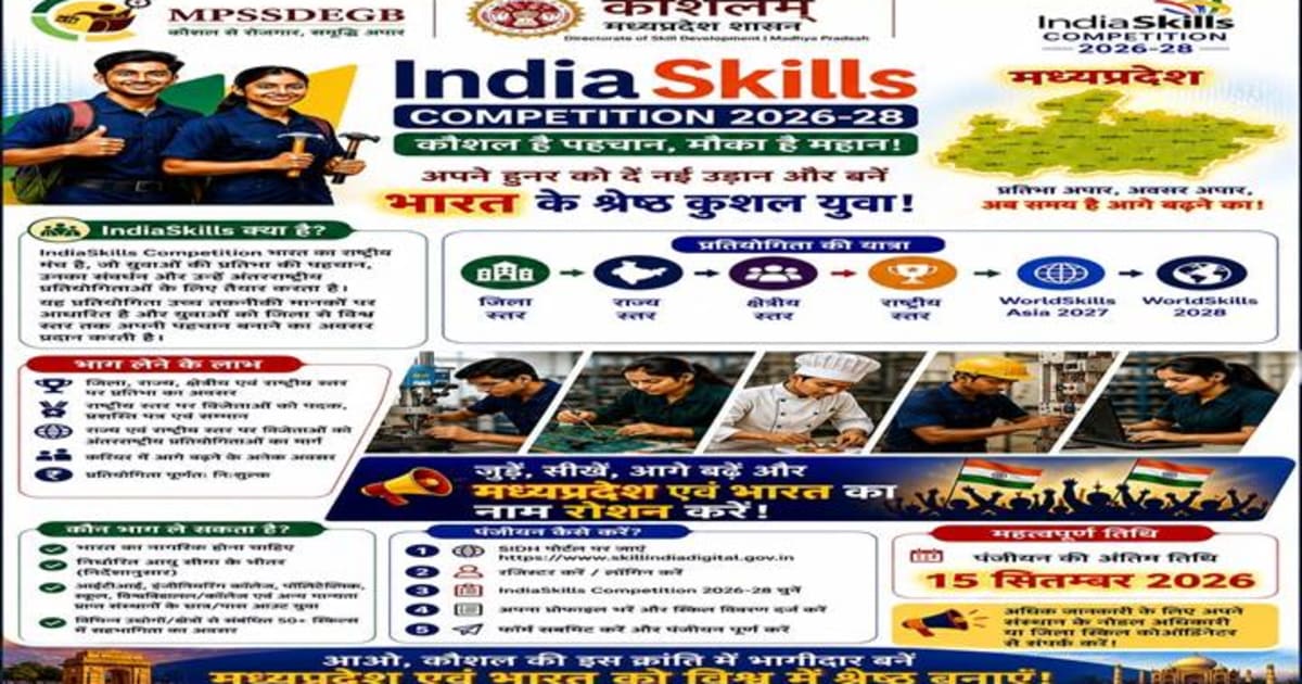 कटनी- इंडिया स्किल्स कॉम्पटीशन 2026-28 के लिए 15 सितंबर तक पंजीयन