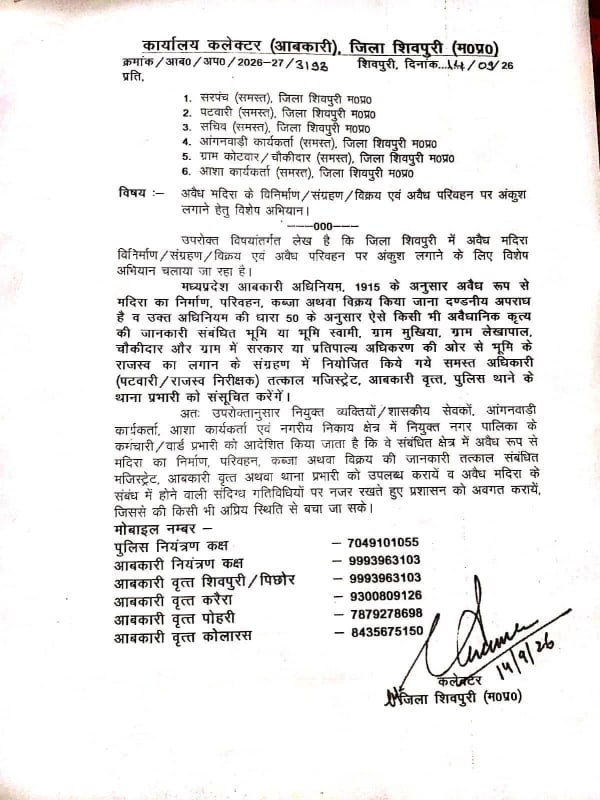 अवैध शराब पर शिवपुरी कलेक्टर सख्त, सरपंच से लेकर कोटवार तक को निगरानी की जिम्मेदारी