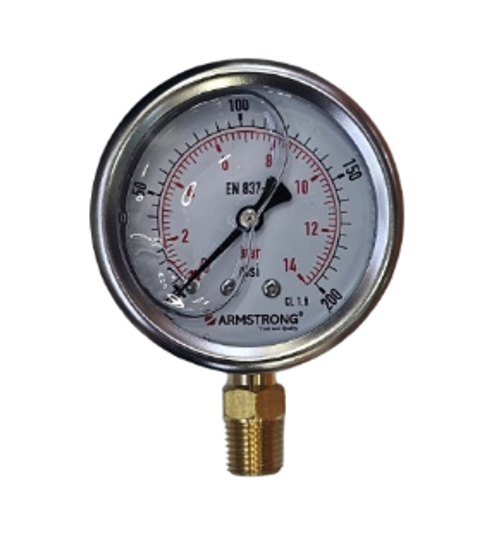 MANOMETRO ACERO INOX C/GLICERINA 2.5IN 1/4NPT 0-200 PSI/BAR
