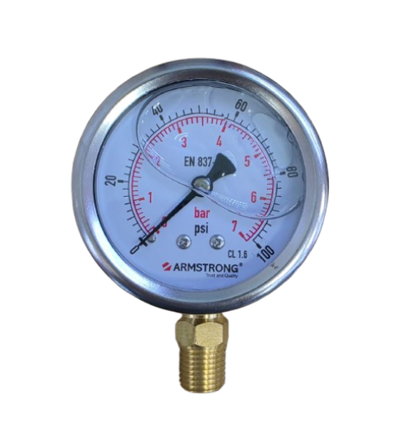 MANOMETRO ACERO INOX C/GLICERINA 2.5IN 1/4NPT 0-100 PSI/BAR