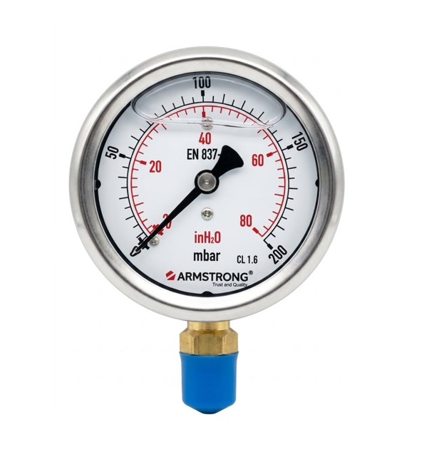 MANOMETRO ACERO INOX C/GLISERINA D-2-1/2IN 1/4NPT 0-200 MBAR/INH2O
