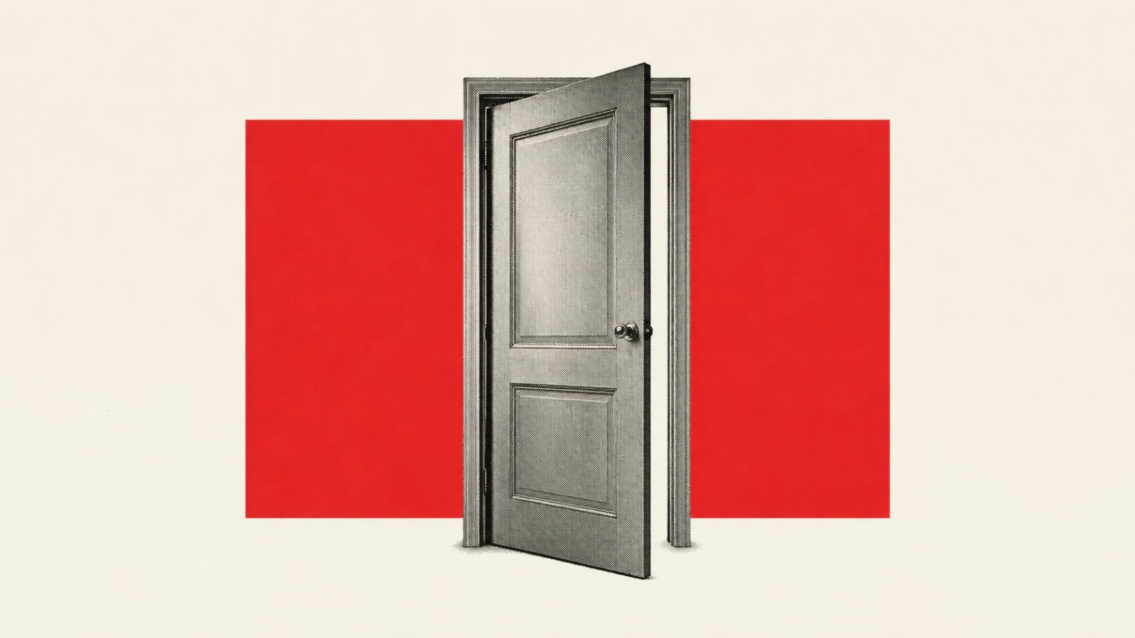 A door standing ajar against a red block — an unguarded entry point, like an unprotected v0 Server Action