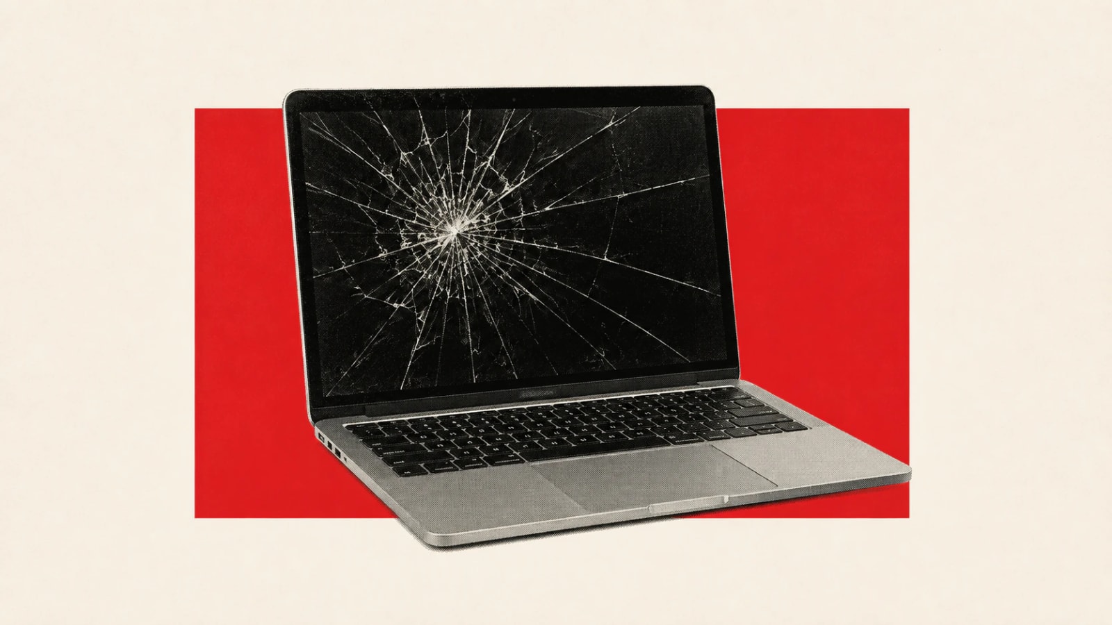 A laptop with a shattered screen on a red block, for a Bolt.new app that breaks in production