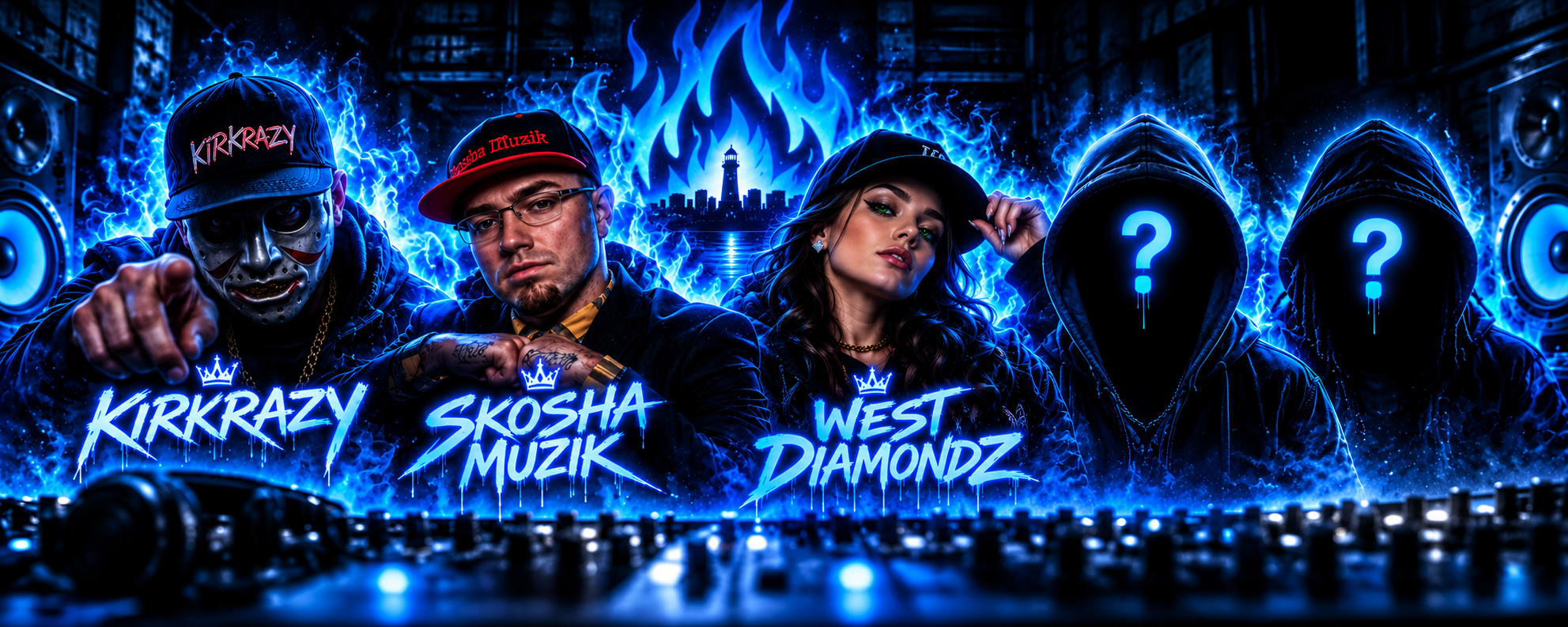 Blue Flames 902 producer lineup featuring Kirkrazy, Skosha Muzik, West Diamondz, and two mystery producers