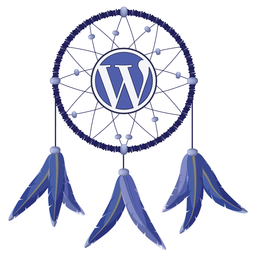 A dream catcher with a WordPress logo drawn at the center.