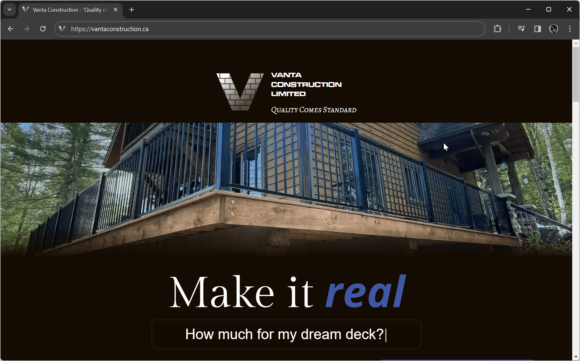 A screenshot of the Vanta Construction website in a browser window.