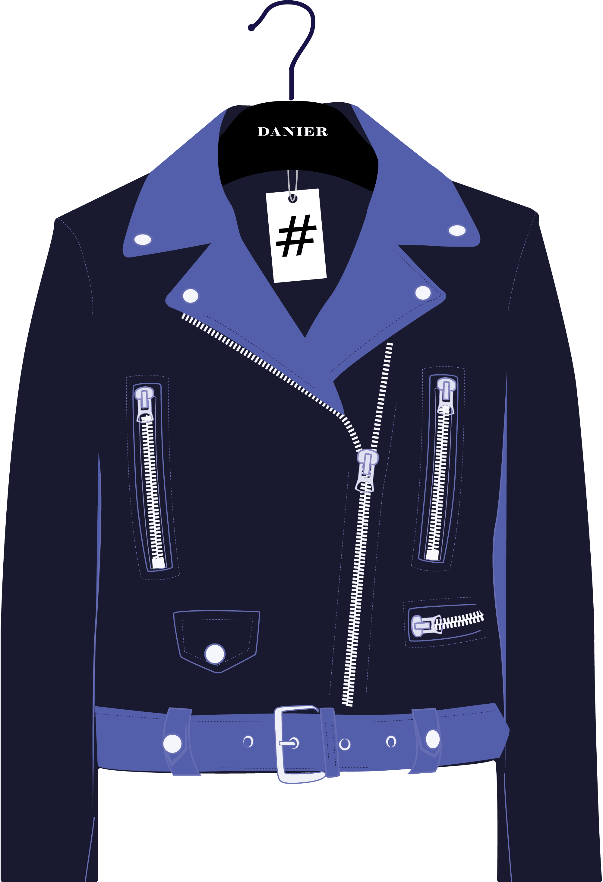 An illustration of a leather jacket hanging on a hanger. The hanger is has the Danier leather logo on it.