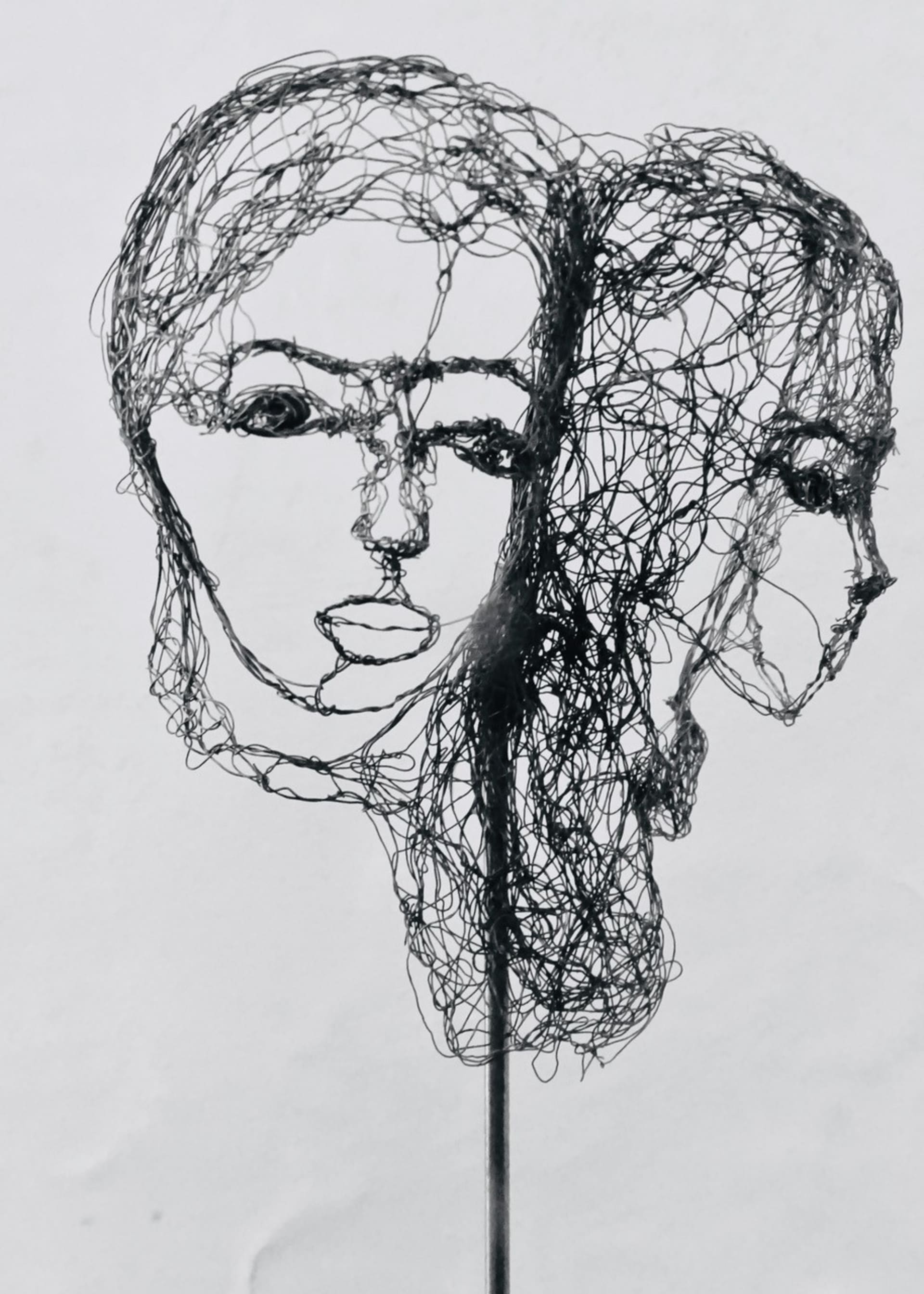 Piccole teste 2021.23, vista 2, scultura in filo di metallo di Myriam Louvel