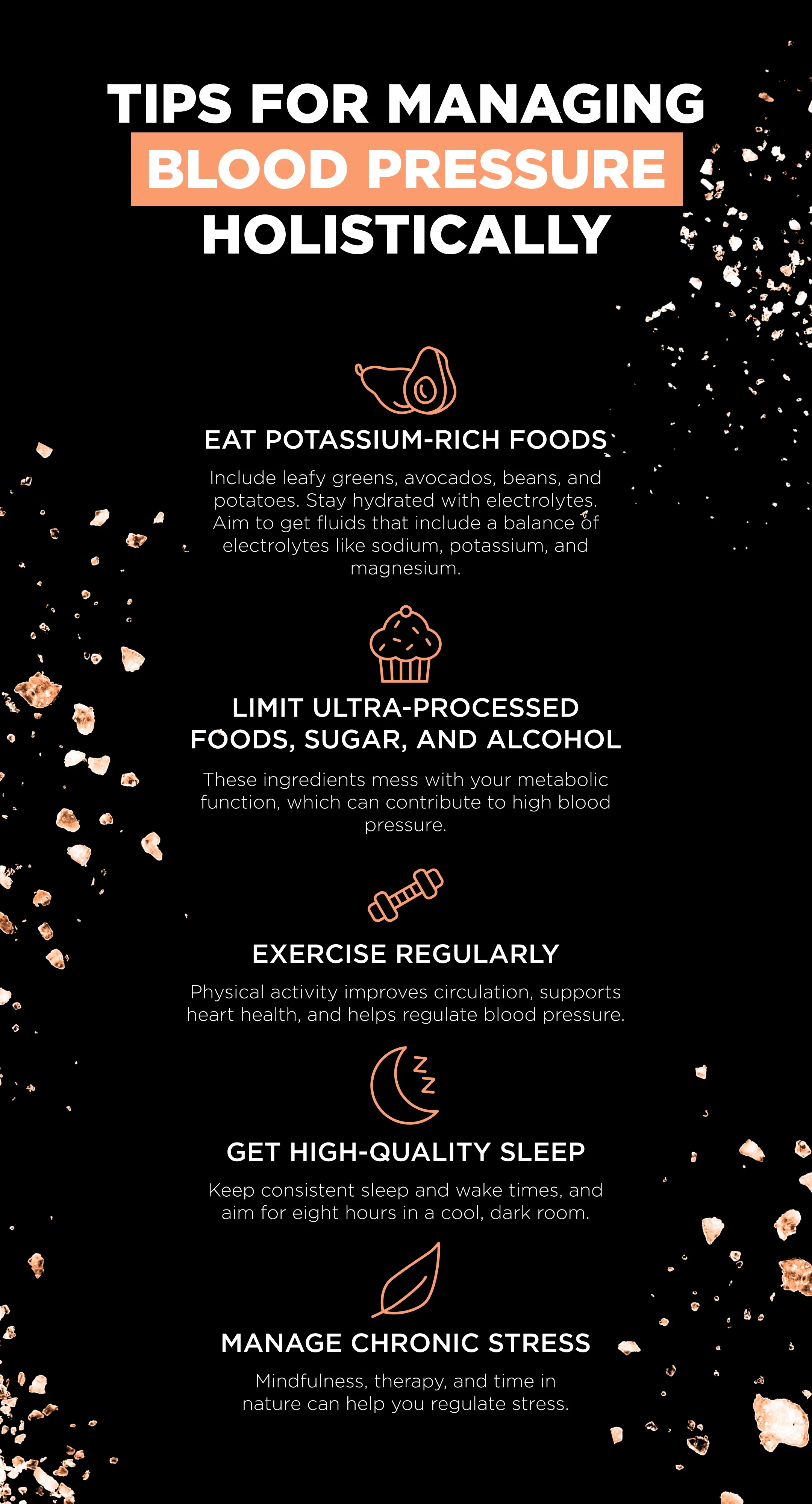 Holistic tips for managing blood pressure, including eating potassium-rich foods, staying hydrated, limiting processed foods and alcohol, exercising regularly, getting quality sleep, and managing stress.