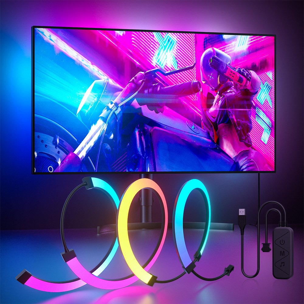 Screen sync RGB monitor backlight in gaming battlestation setup with dynamic ambient lighting