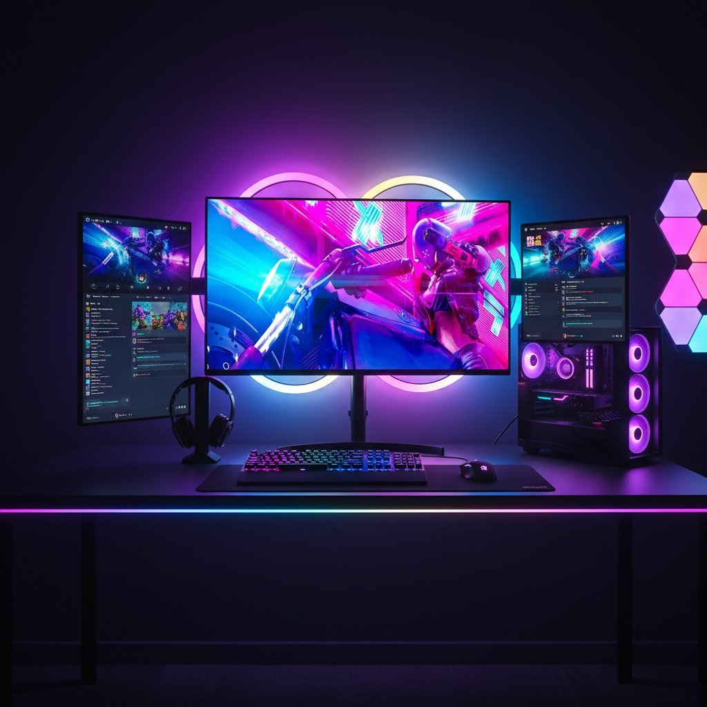 Monitor ambient LED strip creating immersive RGB gaming room atmosphere