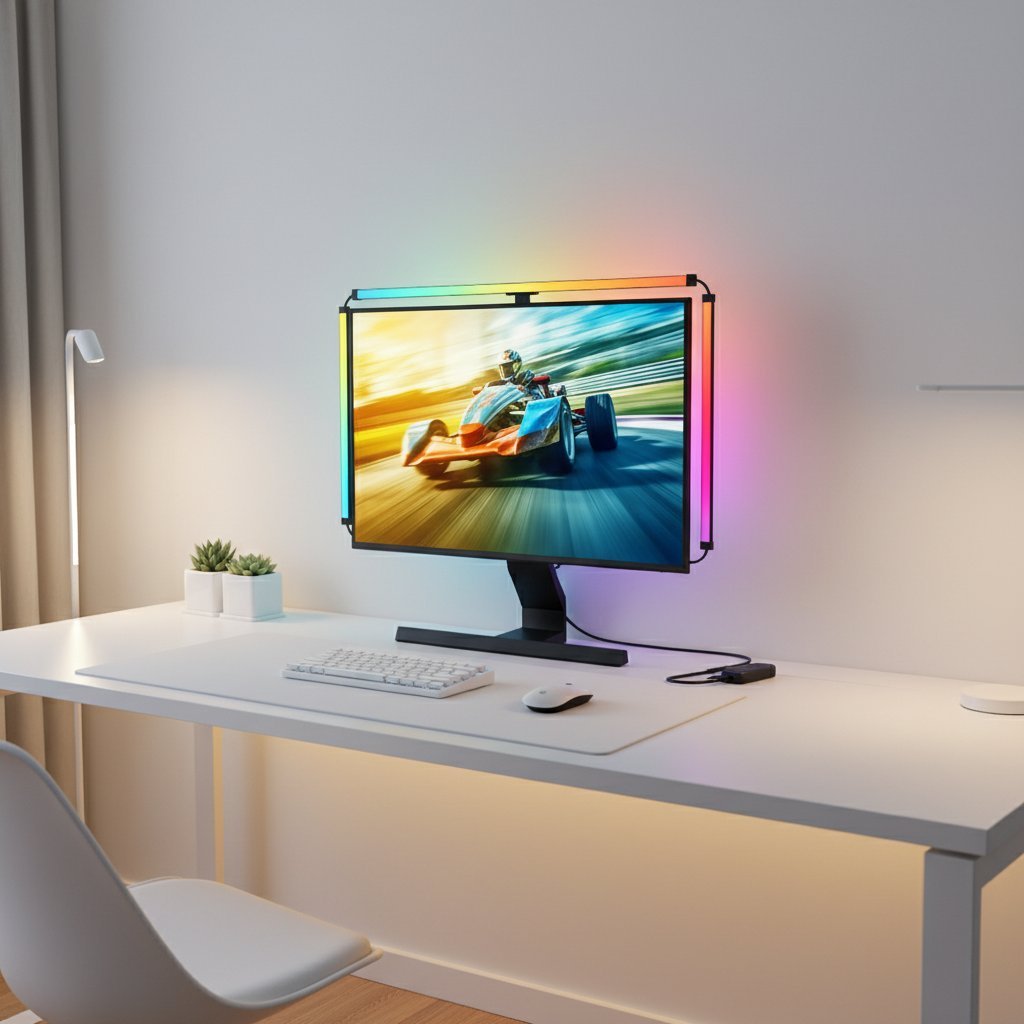RGB monitor backlight strip in minimalist home office workspace setup