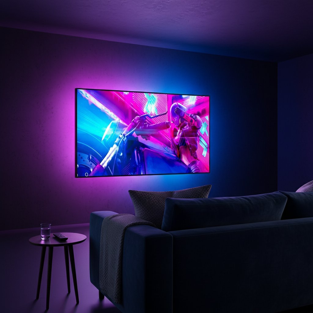 Monitor backlight LED strip creating Ambilight cinema effect in dark room