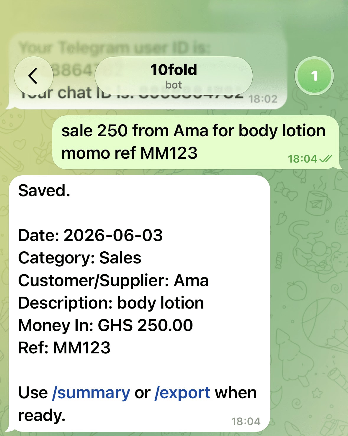 Telegram bot showing a saved business sale