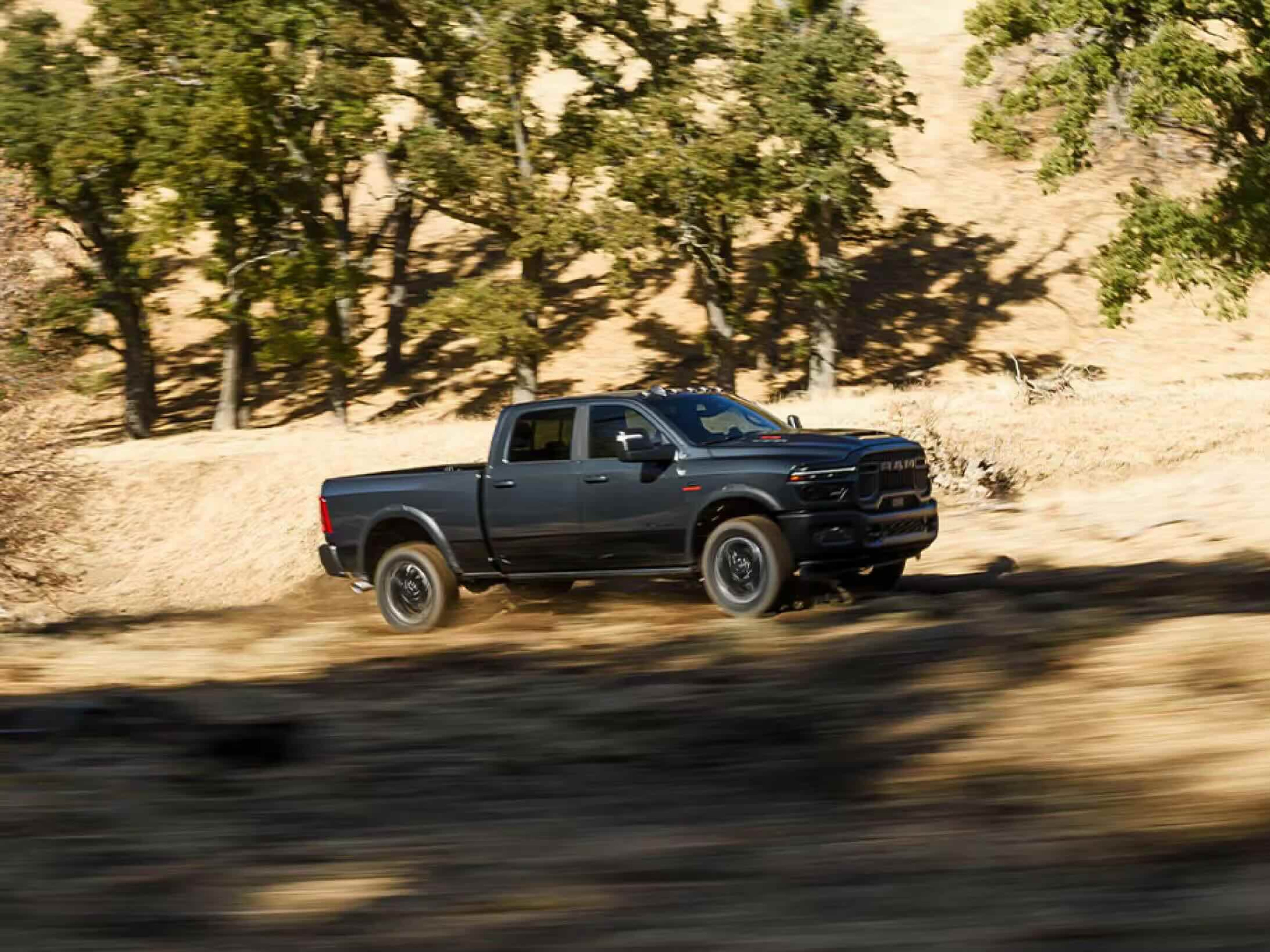 A dark gray pickup truck drives on a dirt road in the foreground, with trees and a hillside in the background.