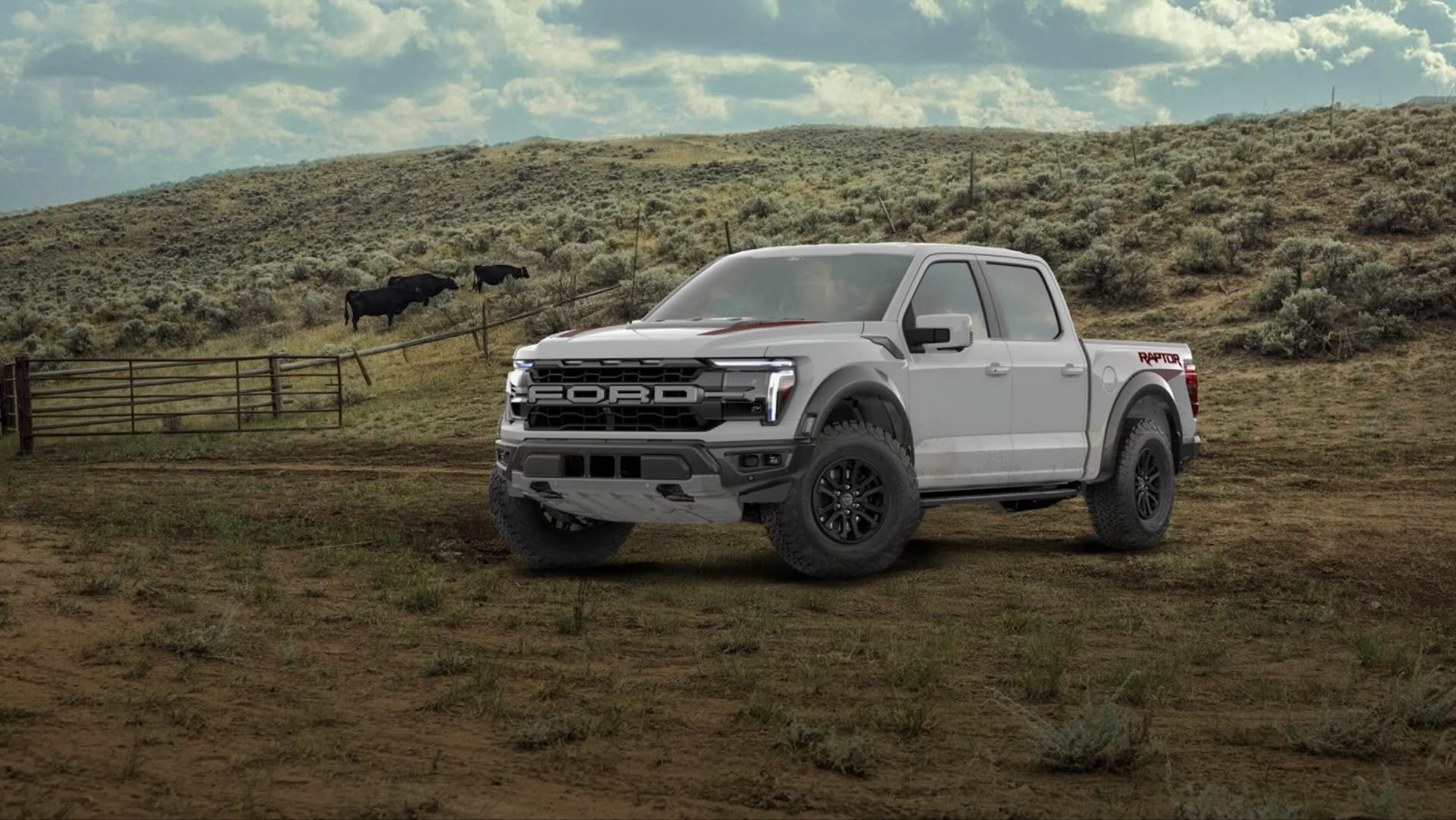A white pickup truck sits on a dirt field with a rolling grassy hill and black cattle in the background.