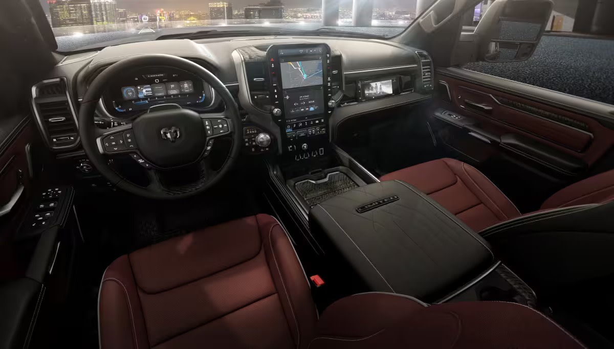 Interior of a vehicle with red leather seats and digital dashboard, with a city skyline visible through the windshield.