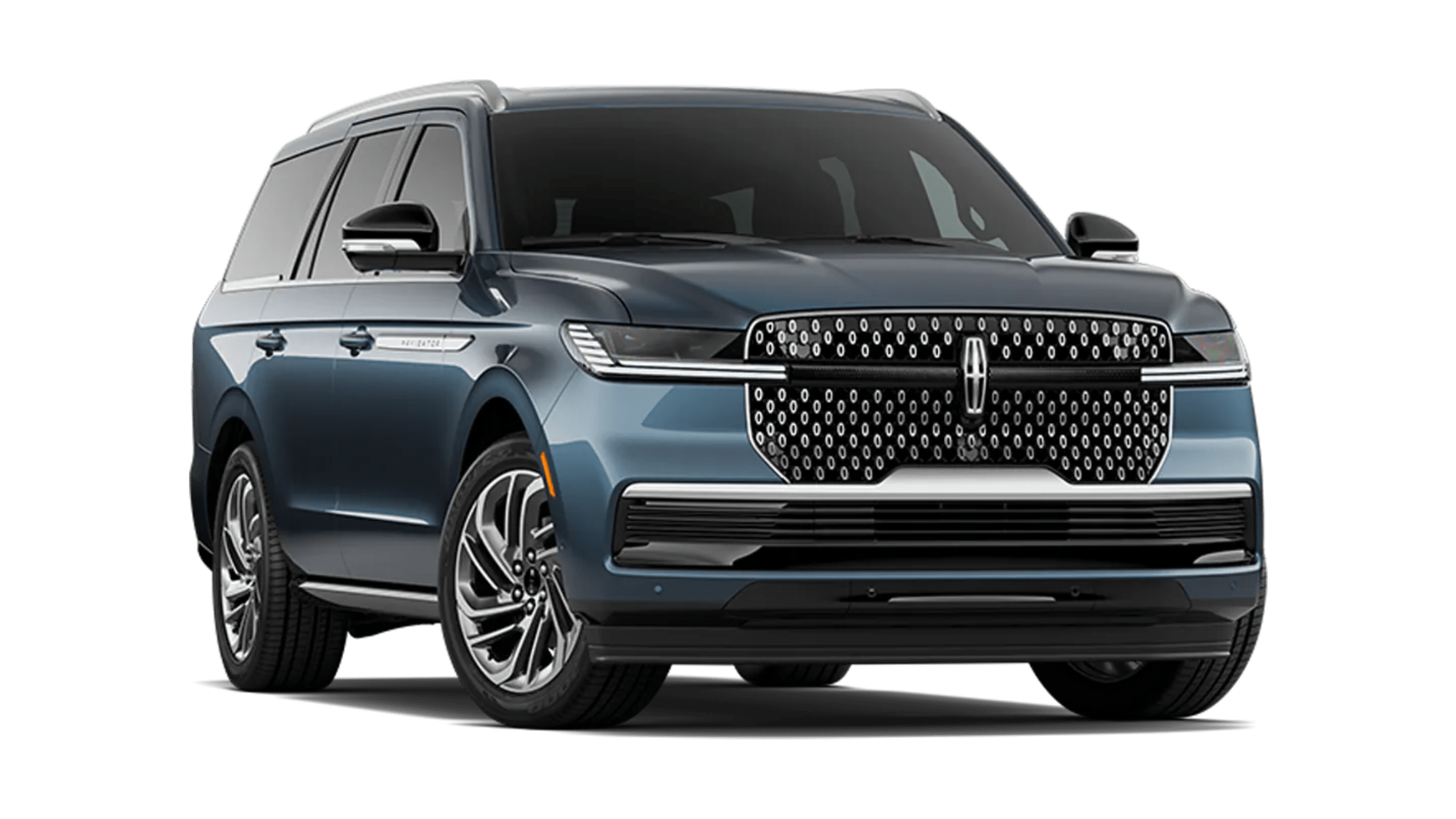 A dark blue SUV is parked on a white background.