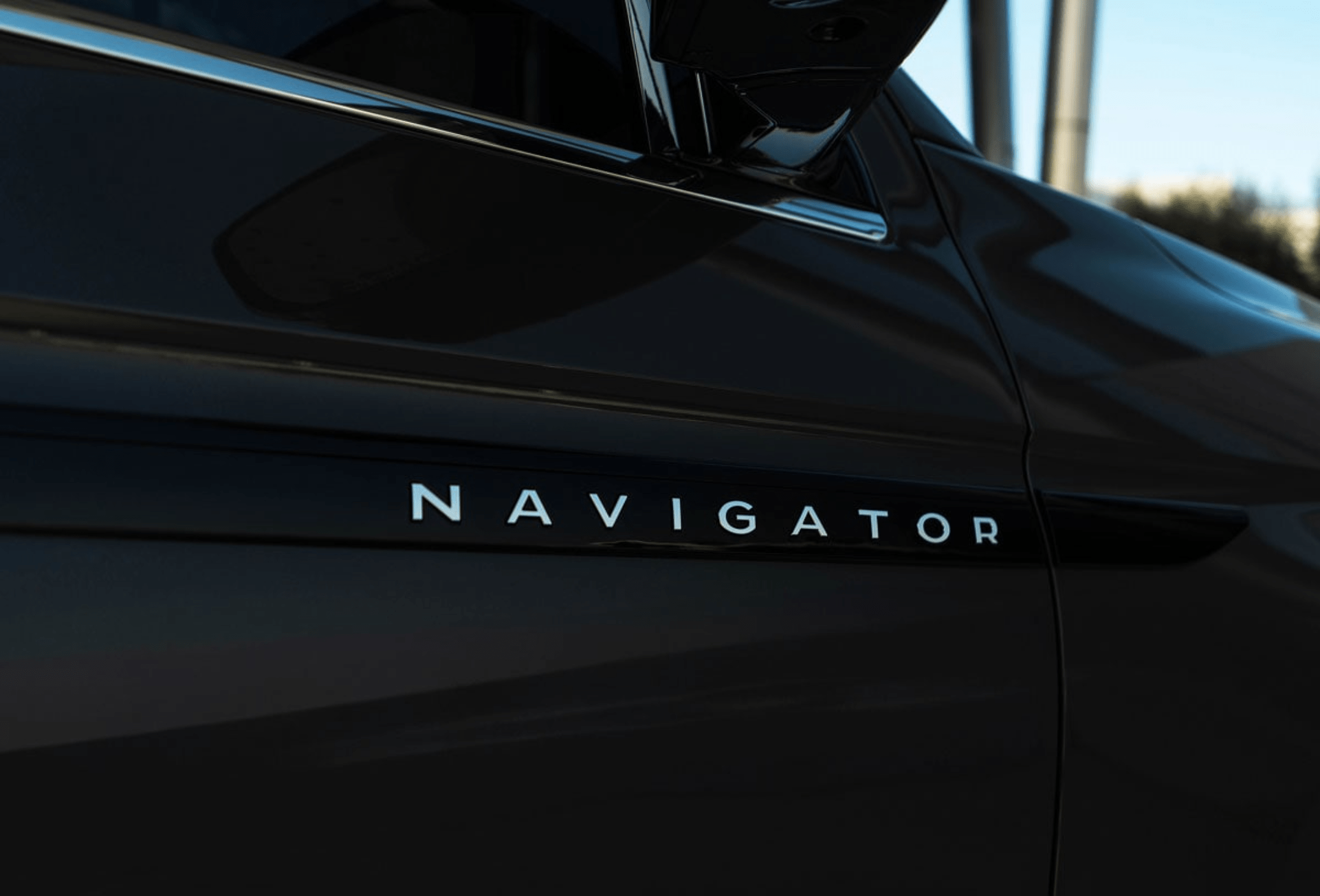 The chrome emblem is visible on the dark exterior of a vehicle, with a blurred background of foliage and sky.