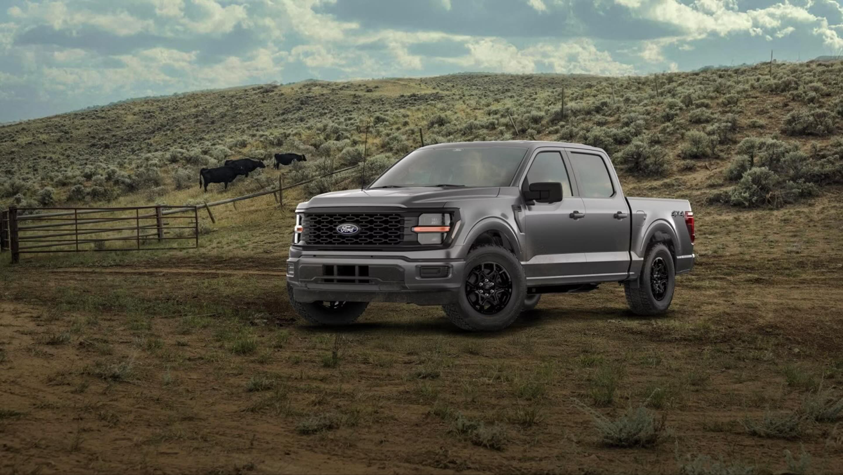 A grey pickup truck sits on a dirt path in the foreground, with a rolling grassy hill and black cattle in the background.