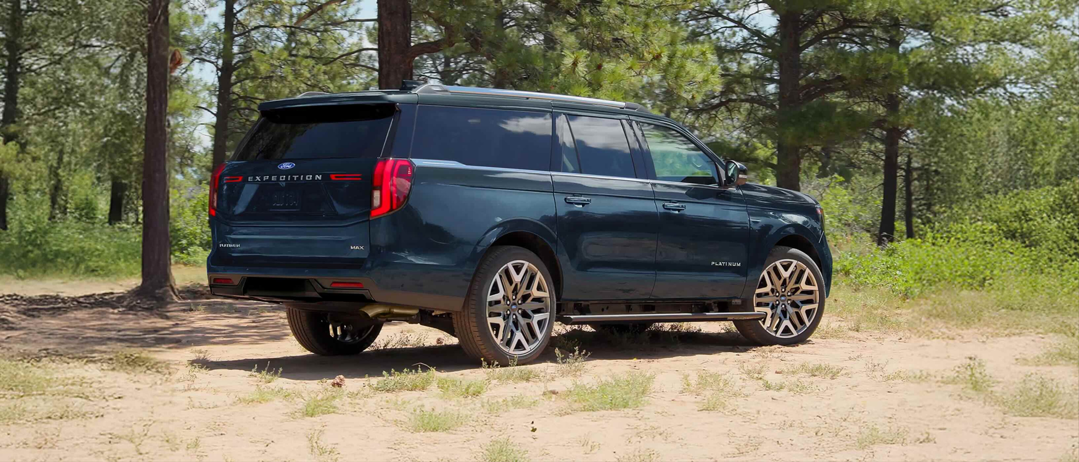 SUV parked on dirt road with trees and greenery.