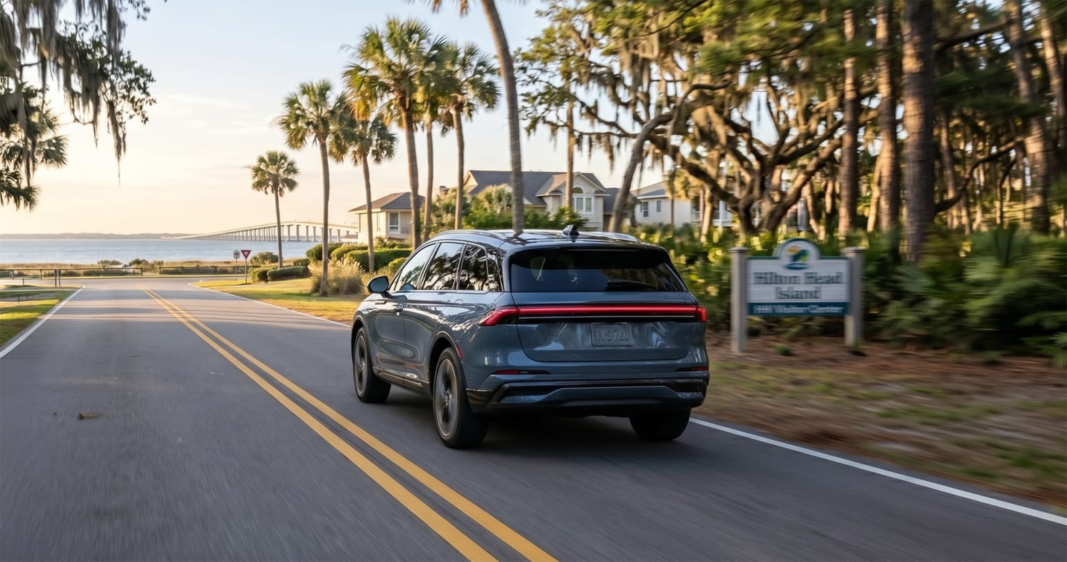 Lincoln Nautilus driving beneath palm trees and Spanish moss