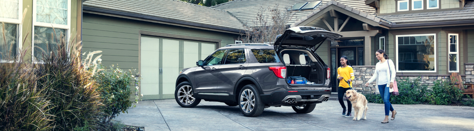 a man and a woman standing next to a car with the trunk open and a dog in front of it