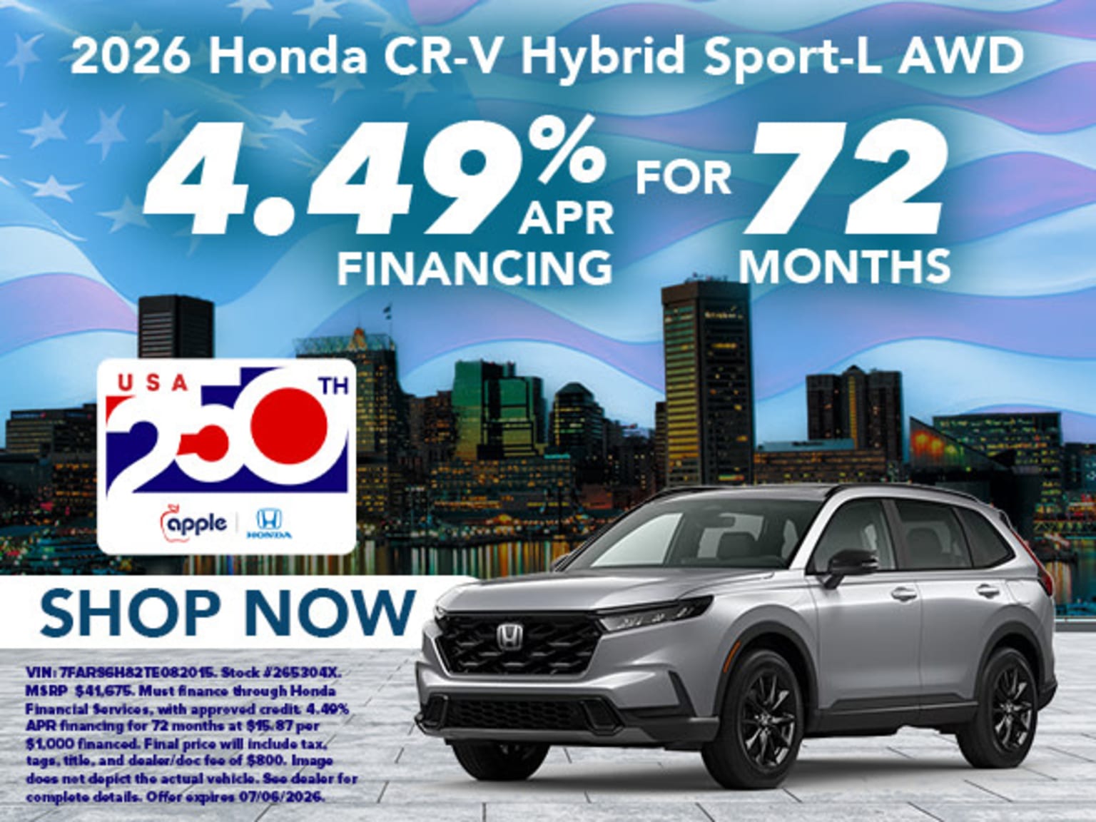 A silver SUV is featured in the foreground with a city skyline in the background, advertising a financing offer for 72 months.
