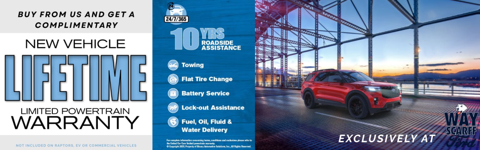 Image of a red SUV in the foreground with a roadside assistance services sign in the background.