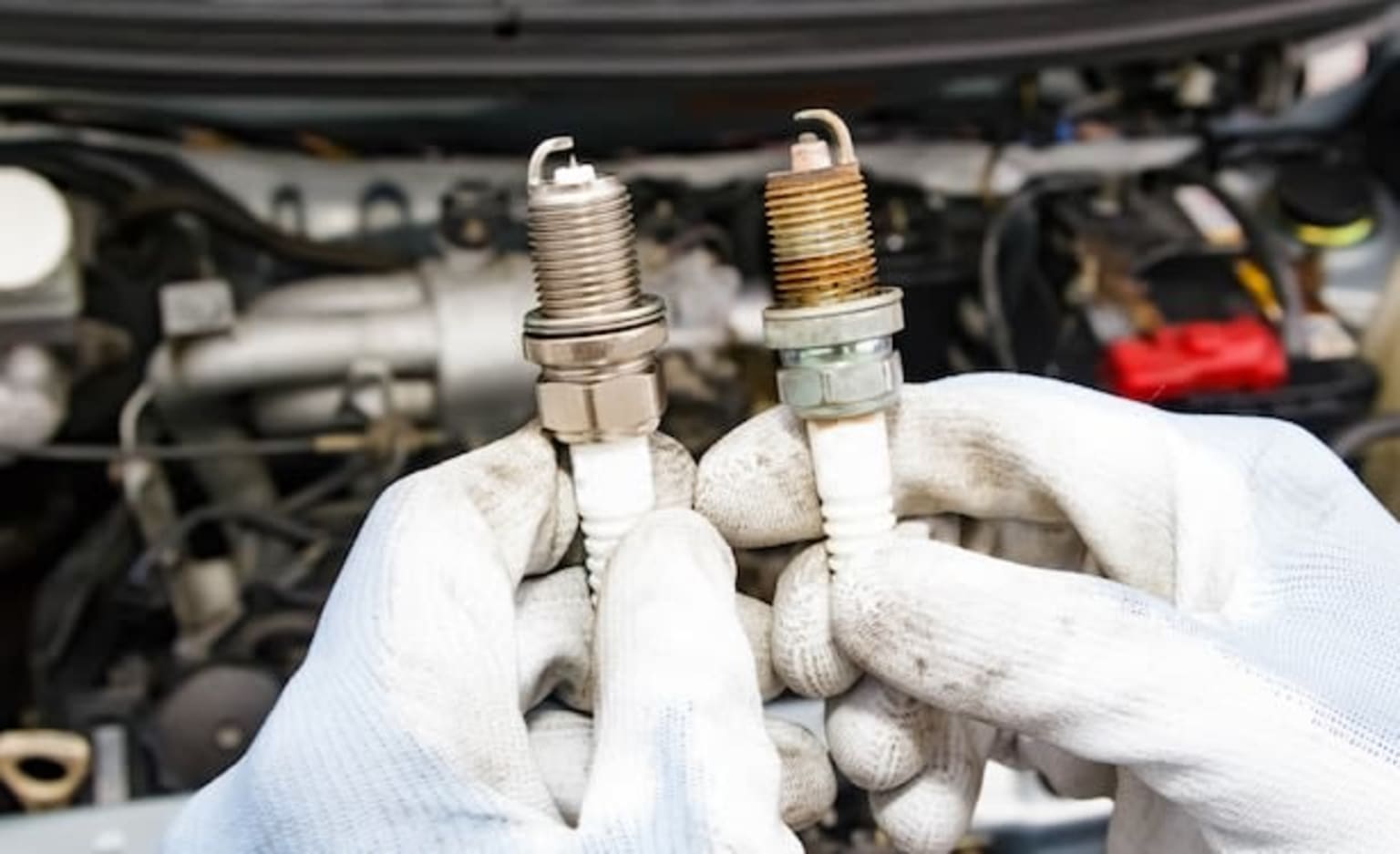 a person holding a spark plug in front of a car with the hood up and the engine in the background