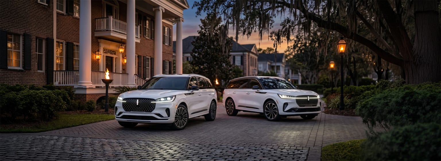 Two white SUVs parked on a cobblestone driveway in front of a grand colonial-style house with a large porch, moss-draped oak tree with gas lamps to the right.