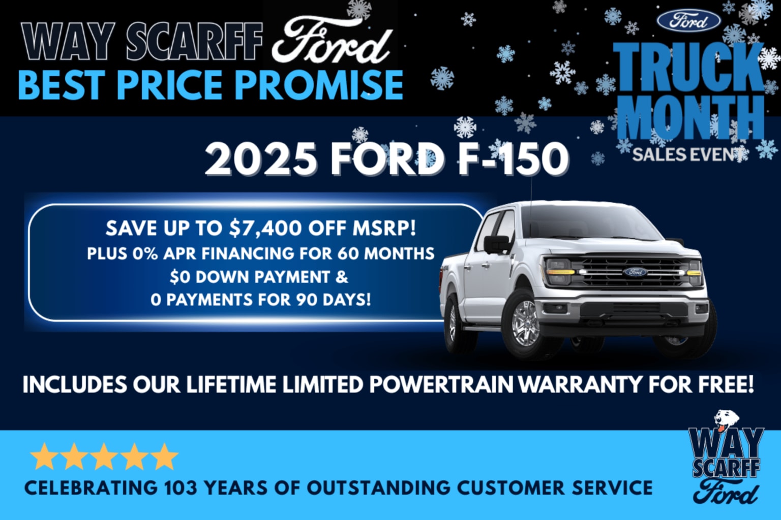An advertisement for a 2025 truck, featuring a large image of the vehicle along with details about the sales event and warranty offer.