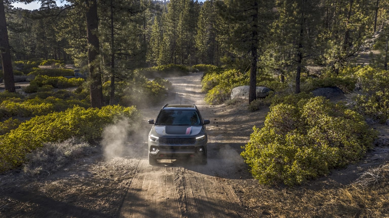 Off-road vehicle navigating a dusty trail in a lush, forested landscape with tall trees and dense vegetation.
