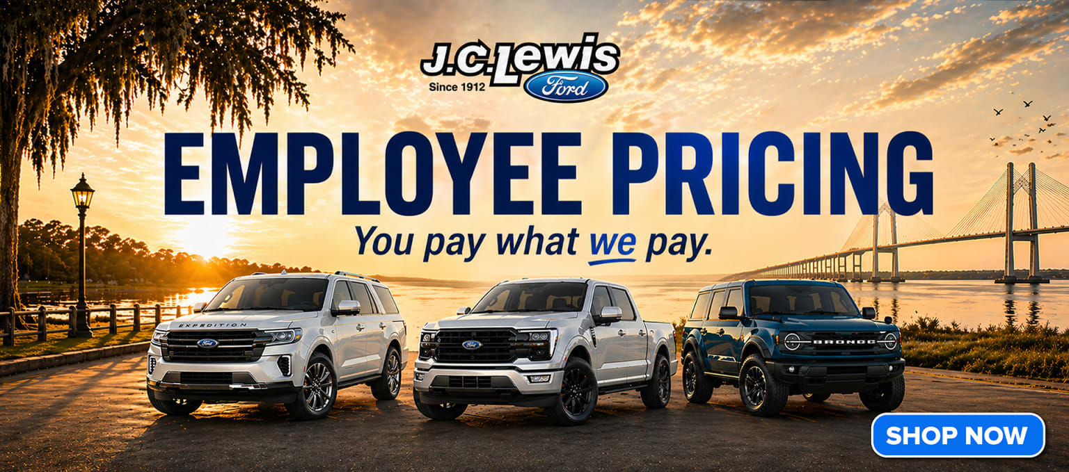 The image displays a dealership advertisement featuring three different vehicle models against a scenic backdrop of a sunset over a body of water, with a large dealership logo prominently displayed.