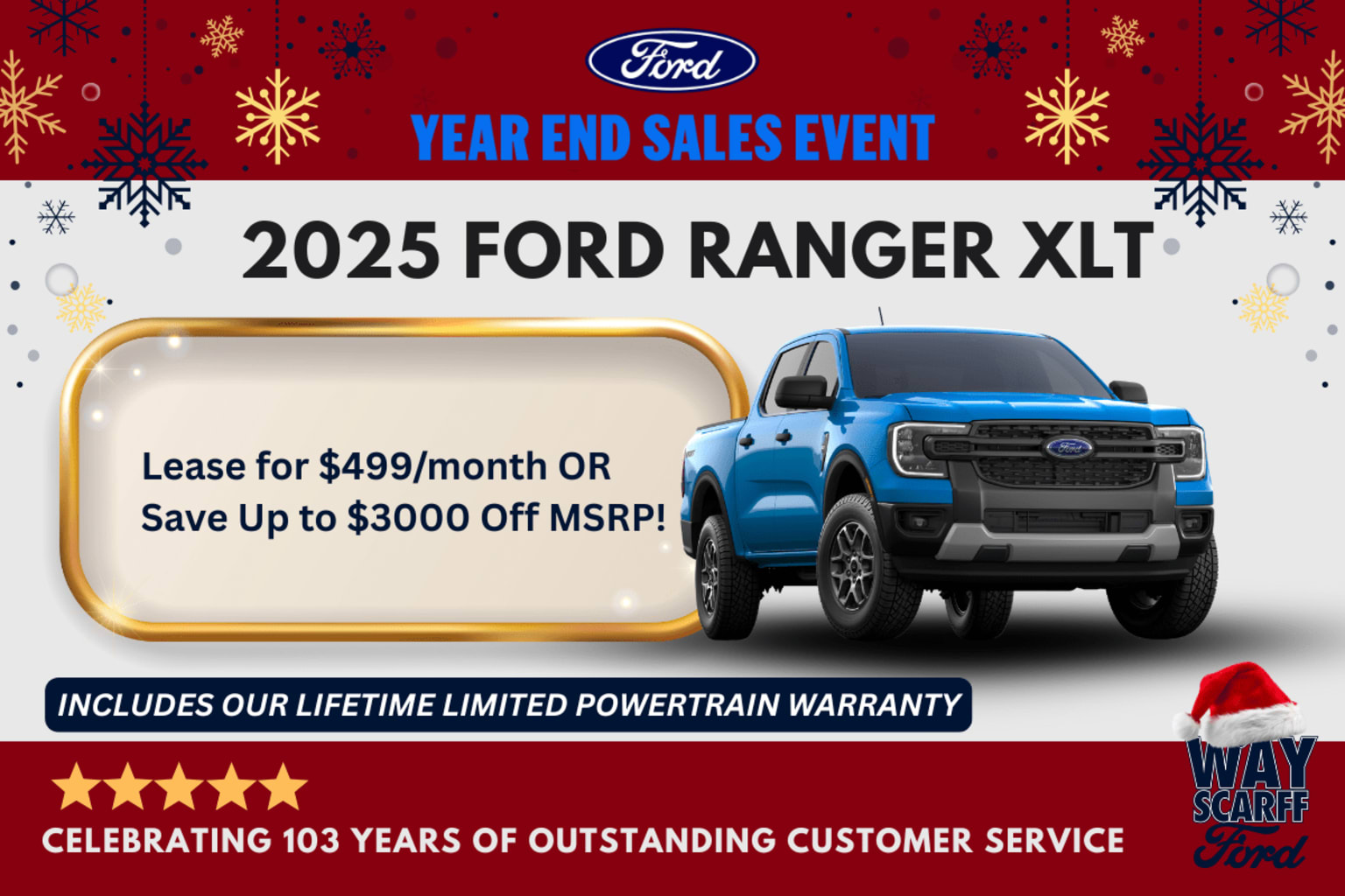 The image features a blue pickup truck prominently displayed in the foreground, with a festive holiday-themed background of red and white snowflakes. The text highlights a year-end sales event and includes details about leasing options and a limited powertrain warranty.