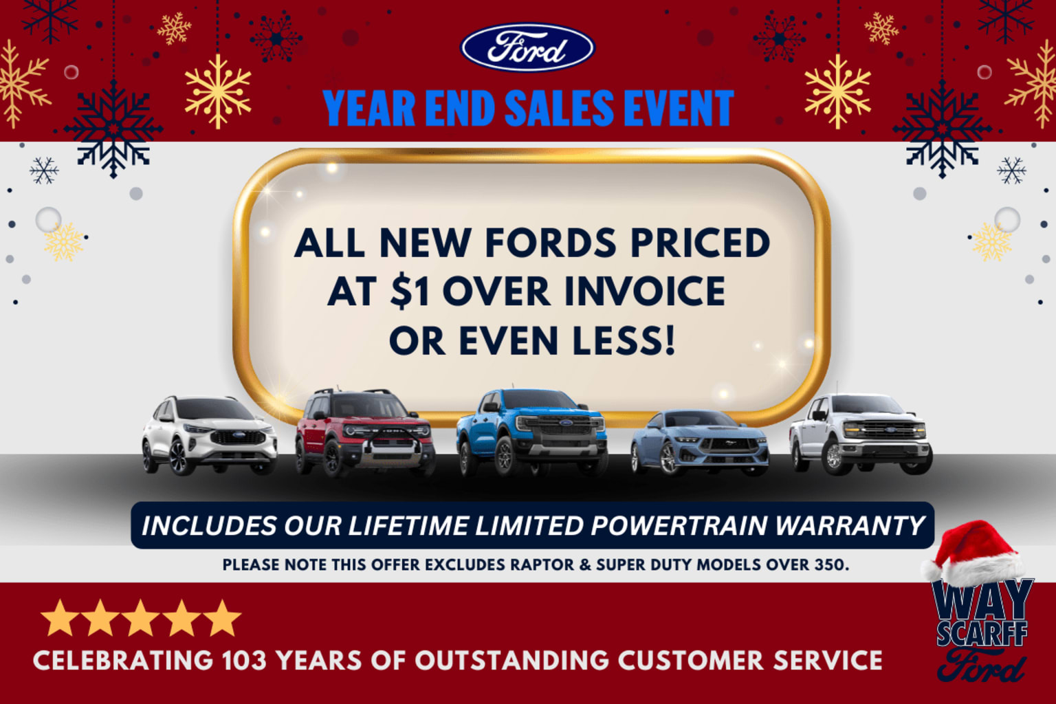 Promotional advertisement for a year-end sales event featuring various vehicles priced at $1 over invoice or even less, with a lifetime limited powertrain warranty and celebrating 103 years of outstanding customer service. The background is a red and white design with snowflakes, highlighting the holiday season.