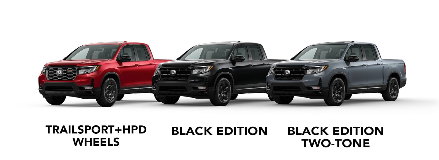 Three trucks displayed against a white background - a red Trailsport+HPD Wheels, a black Black Edition, and a gray Black Edition Two-Tone.