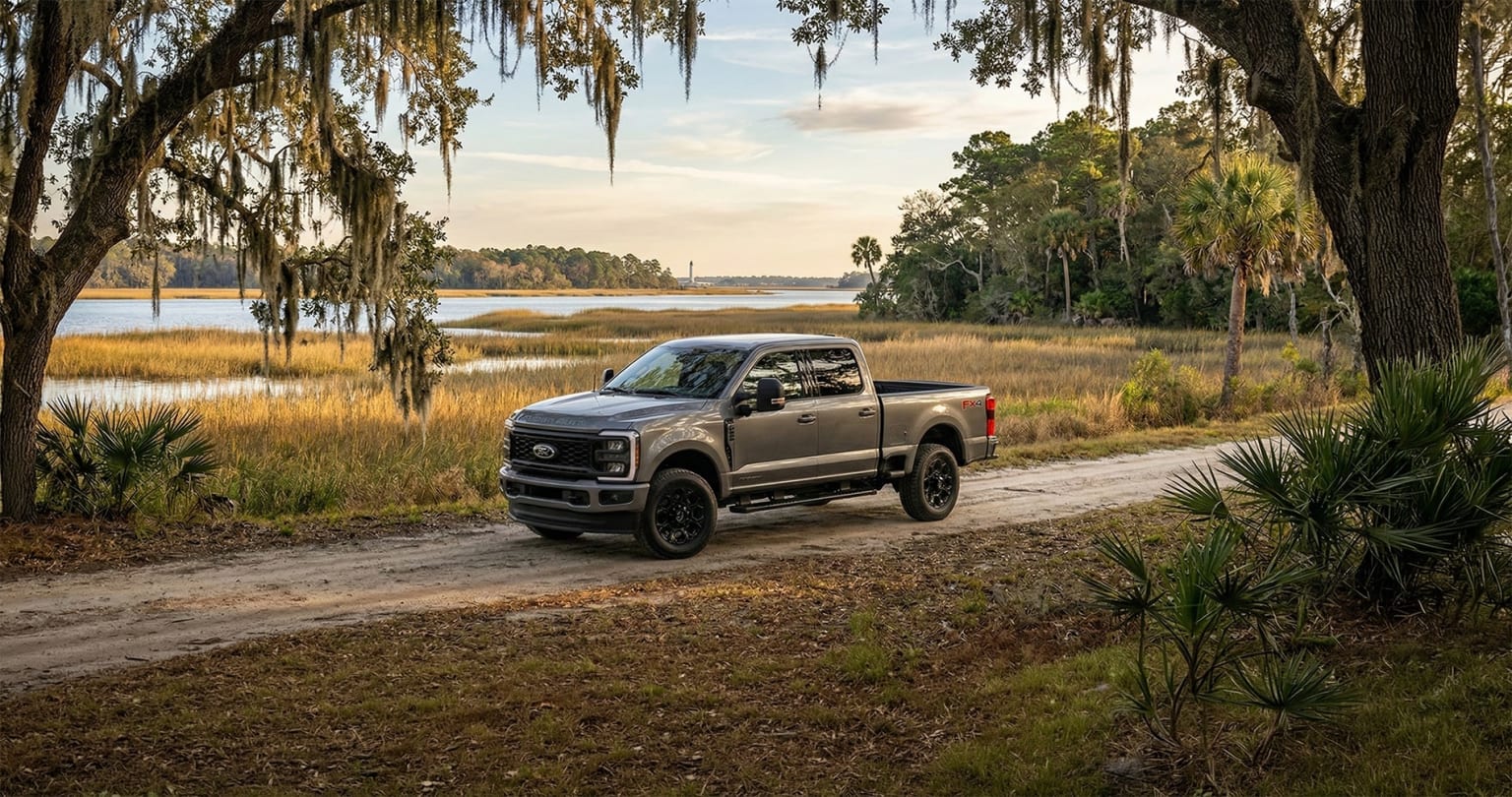 A rugged pickup truck navigating a dirt road through a lush, wooded landscape with a tranquil lake in the background, surrounded by Spanish moss-draped trees.