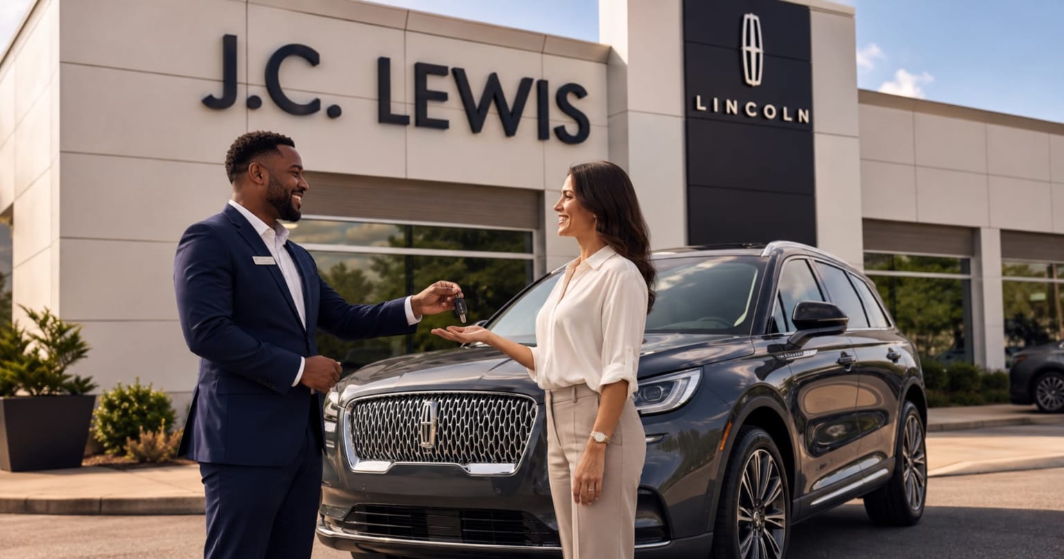 A car salesman handing keys to a woman in front of a dealership.