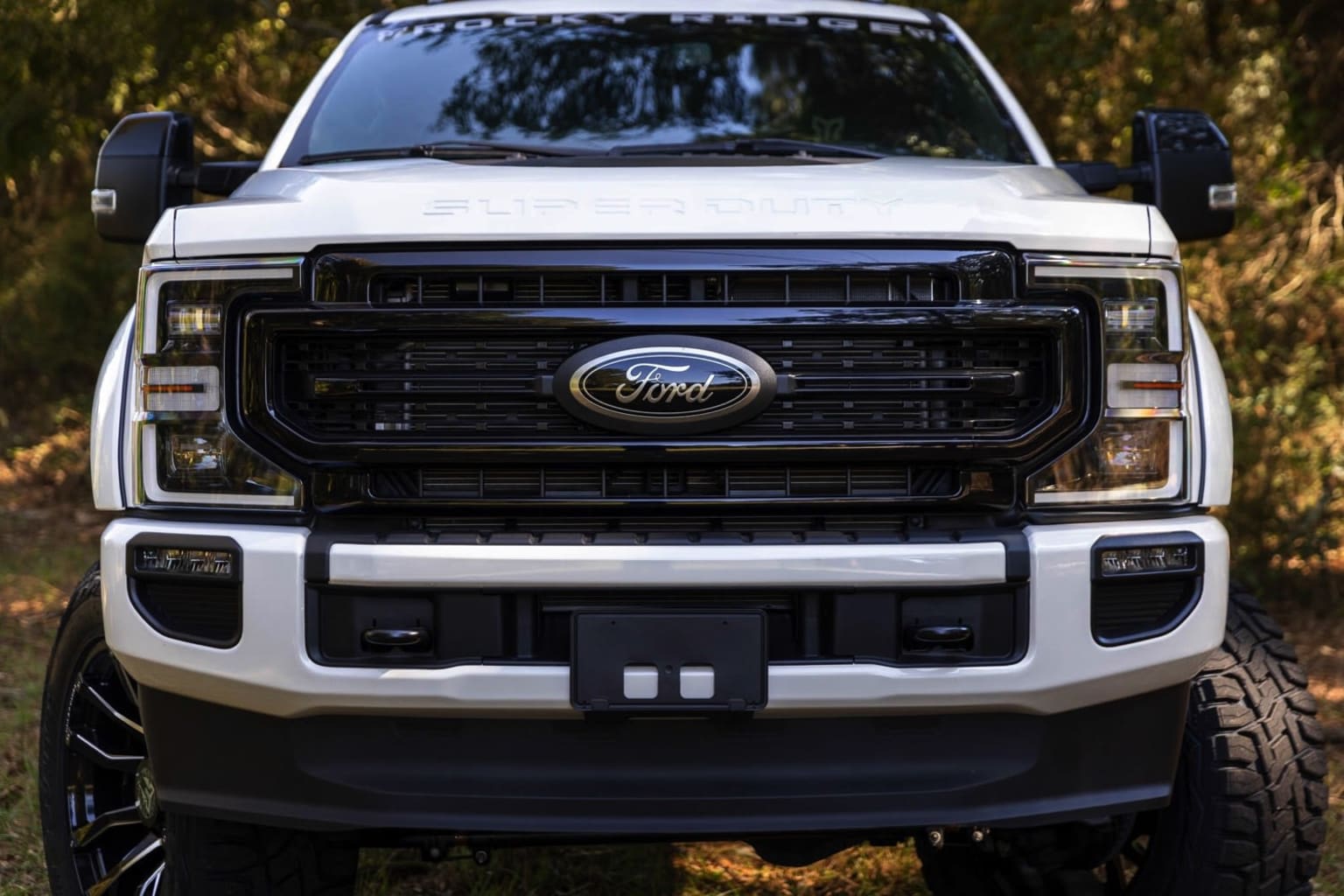 A large, white pickup truck with a prominent grille and off-road tires stands in a grassy, wooded area.