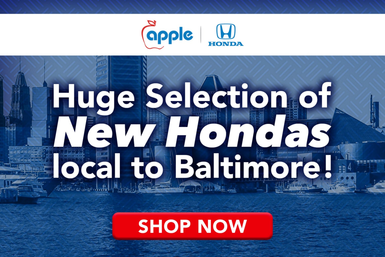 A red "Shop Now" button is in the foreground, with a cityscape of Baltimore in the background, featuring logos at the top.