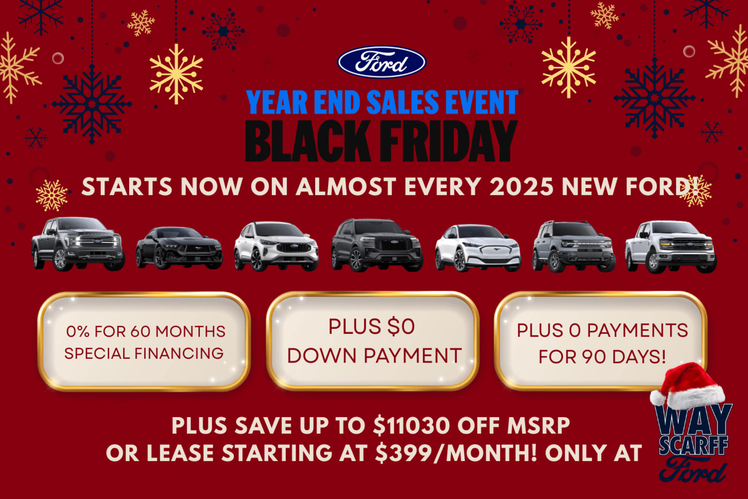 The image displays a Black Friday year-end sales event at an automotive dealership, featuring various vehicle models along with details about special financing, down payment, and payment options available.